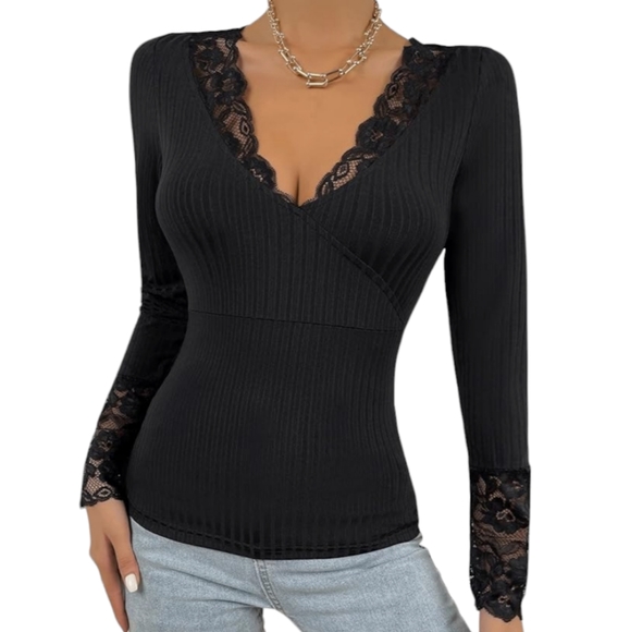 Shein Womens V Neck Lace Trim Rib Knit Long Sleeve Casual Tops 0XL - Picture 11 of 12